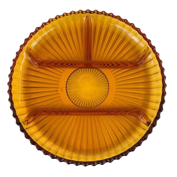 Indiana Glass Amber Ribbed 4 Part Divided Relish Dish Serving Tray Lazy Susan - Picture 4 of 10